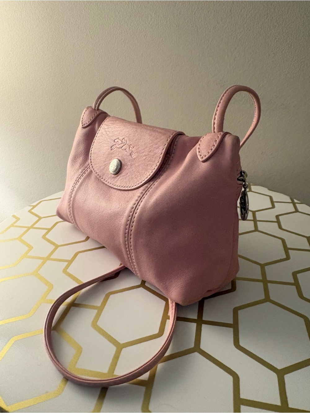 Longchamp Dusty Pink Crossbody Le Pliage Cuir Mini Bag